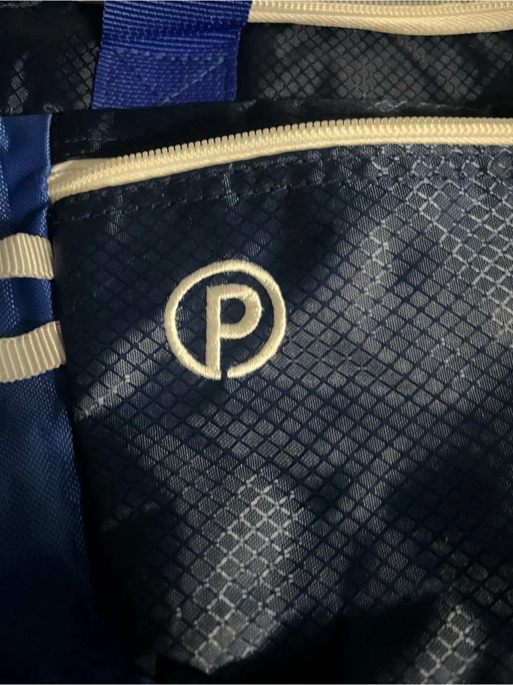Men's Navy Blue Duffel Bag with White Trim and Dual Carry Handles